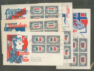 US 909-919 Partial set (11/13) missing Denmark and Korea, blocks of 4 on addressed FDCs