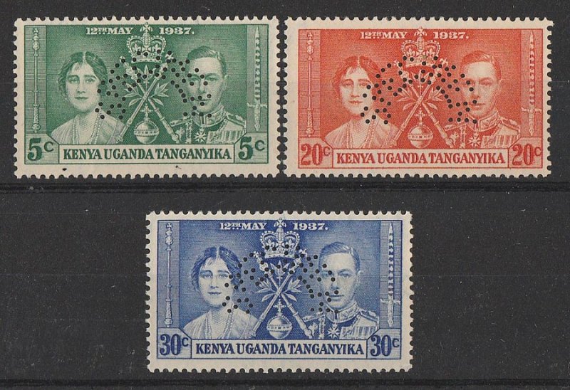 KENYA, UGANDA & TANGANYIKA 1937 KGVI Coronation set 5c-30c SPECIMEN. MNH **.  