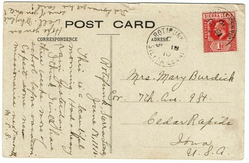 Sierra Leone 1910 Rotifunk cancel on postcard to the U.S., missionary message