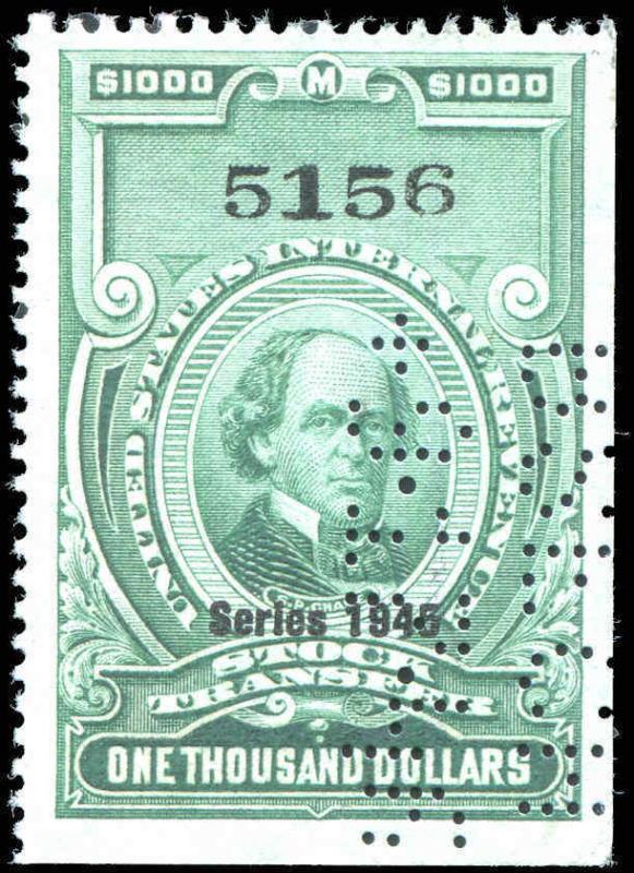 Revenue $1000.00 Bright Green Series 1945 RD208 Perfin Initial CV $500.00