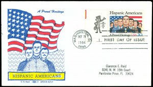 1984 Cacheted FDC, SC #2103, HISPANIC AMERICANS, Scarce C E REID, WASH DC Cancel