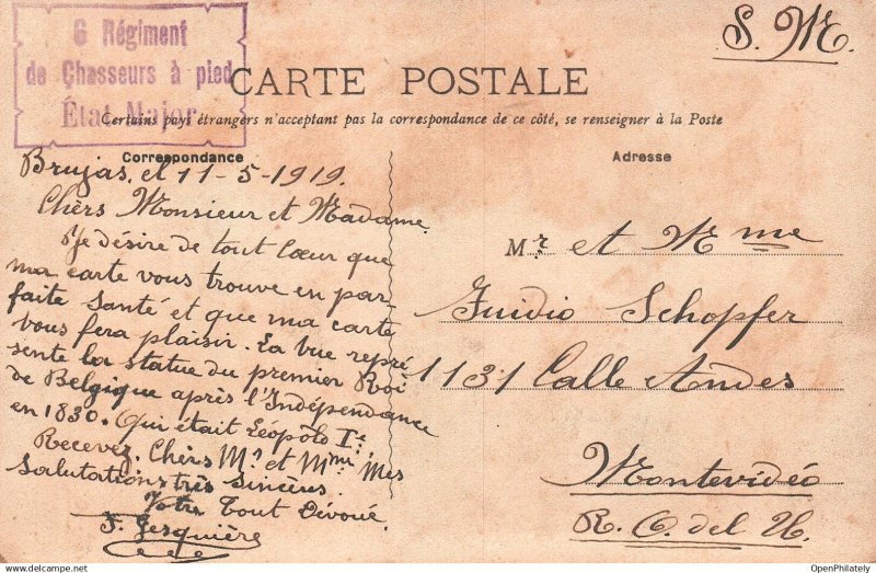 Belgium to Uruguay Postcard Ostend Leopold I Statue 6th Regiment Military Cac...