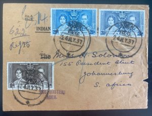 1937 Aden First Day Cover To South Africa George VI Coronation FDC