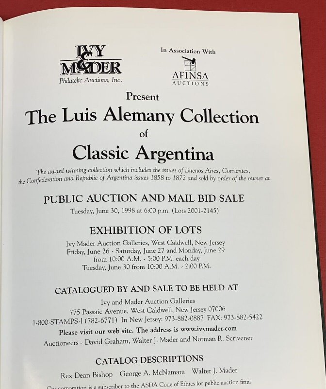 Luis Alemany, Argentina, Ivy & Mader/AFINSA, June 30,  1998, Hardbound Catalog 