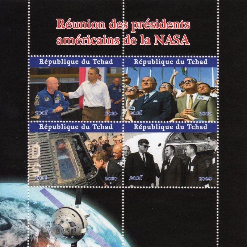 CHAD 2020 SPACE-ASTRONAUTS-KENNEDY-OBAMA-NASA Sheetlet Perforated (4) MNH