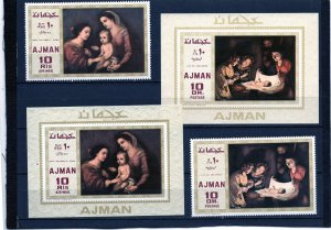 AJMAN 1969 CHRISTMAS PAINTINGS SET OF 2 STAMPS & 2 S/S MNH