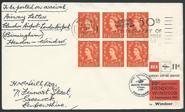 GB 1961 BEA 11d airmail stamp on cover Windsor flight 50th Anniv...........88716