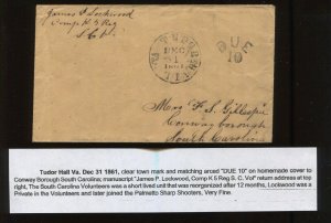 Confederate Tudor Hall VA Black 'DUE 10' Stampless Cover CSA CV $100 LV6406