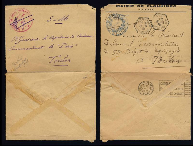 FRANCE 1939 CACHET FM DÉPOT ÉQUIPAGES DE TOULON ENVELOPPE RÉ-UTILISÉE (F-N240)