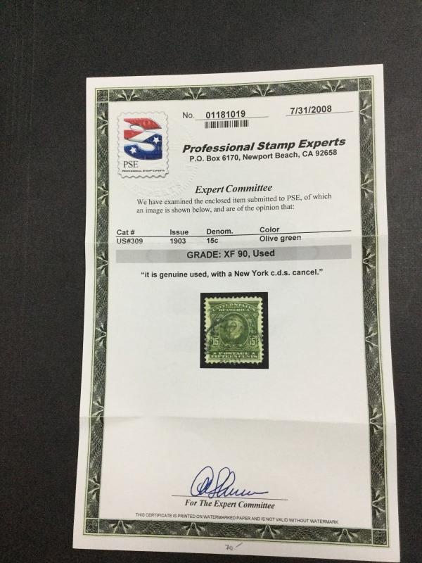 MOMEN: US STAMPS #309 USED PSE GRADED CERT XF-90