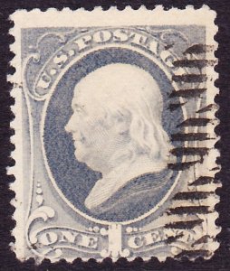 Scott 206, Used, 1c Re-engraved, LEAVITT Experimental Cancel, Light Bends