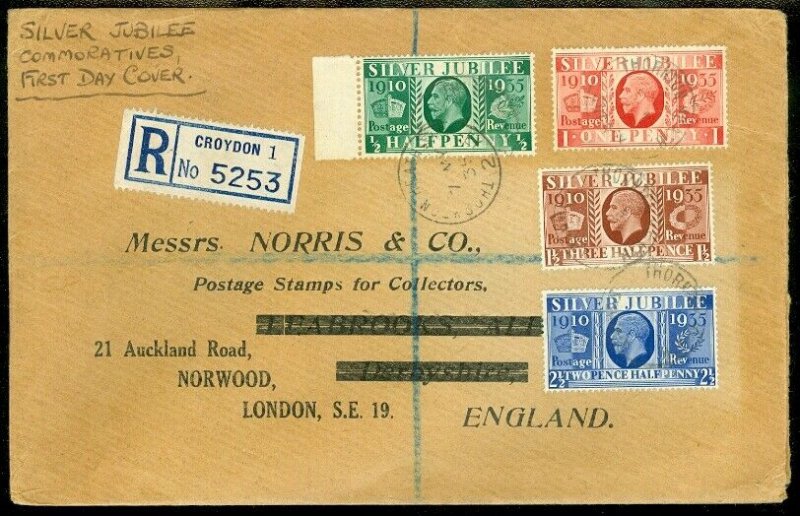 EDW1949SELL : GREAT BRITAIN 1935 Silver Jubilee on Scarce Reg. First Day cover.