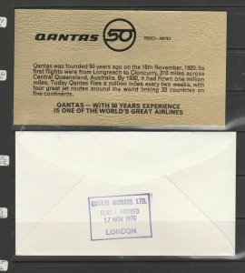 Australia 1970 Qantas cover, 50th anniv Flight, Sydney/London, with Extra card