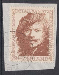 Netherlands Sc B295 used. 1956 Rembrandt Etching on small piece, VF