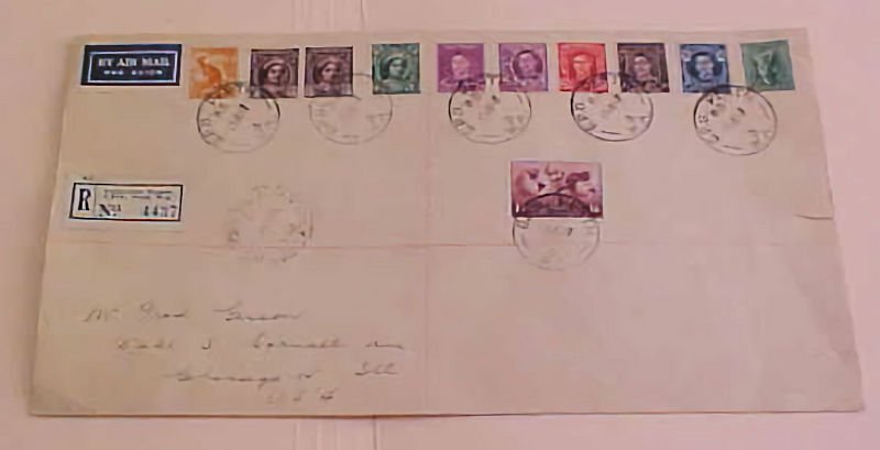 AUSTRALIA  PERTH 10 or MORE STAMPS on 1947 LARGE COVER 3 B/S USA REGISTERED