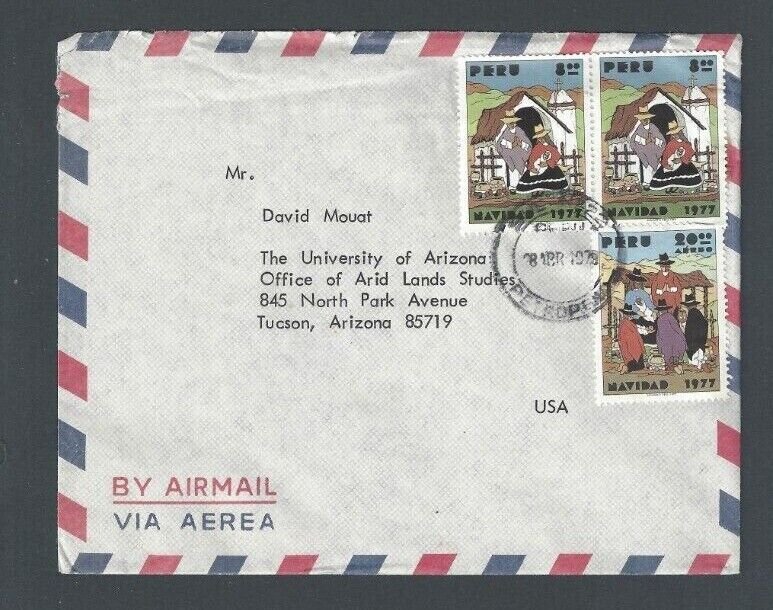 1975 Peru Airmail Cover To U S A W/Christmas Stamps