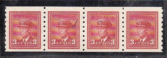 Canada-Sc#265-unused og,3c dark carmine KGVI coil strip of 4-middle 2 hinged, 2