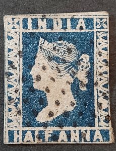 India 1854-55 1/2 Anna Blue Die II, Used , Imperf, HR, SG# 6