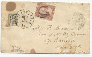 US Local Cover Scott #15L14 Tied by Black Philadelphia CDS #26 August 3, 1861