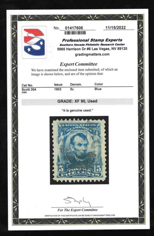 MOMEN: US STAMPS #304 USED PSE GRADED CERT XF-90 LOT #79306