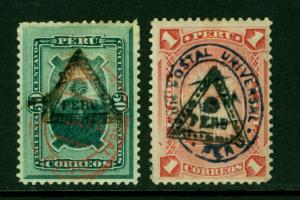 PERU 1883 SUN God of Incas -Triangle +UPU Peru Ovpt. Sc# 77-78 mint MH -Scarce