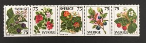 Sweden 1977 # 1215-9 Strip of 5, Wild Berries, MNH