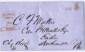 Stampless letter Scrantonia PA red rail fancy postmark and PAID 5 1850 PF cert