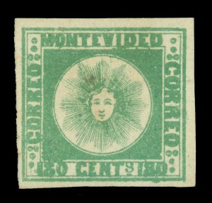 URUGUAY 1858  SUN   180c pale green -thick paper, pos. 13- Scott # 5c mint MH VF