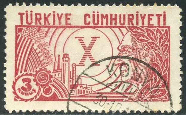 Turkey Scott 760 UF-VFVLH - 10th Year of Turkish Republic - SCV $1.00