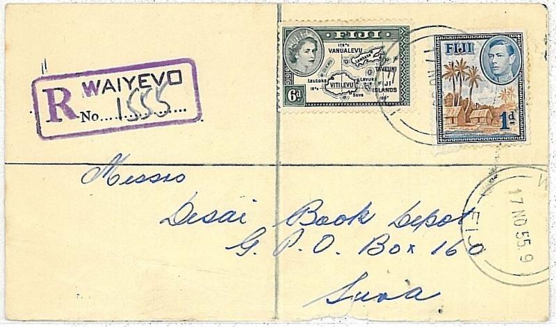 POSTAL HISTORY - FIJI : REGISTERED MAIL from WAIYEVO 1955 - MAPS, PALM TREES