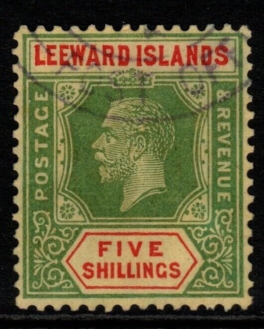 LEEWARD ISLANDS SG78 1923 5/= GREEN & RED/PALE YELLOW FINE USED 