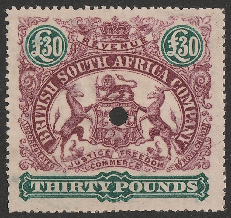 RHODESIA 1897 Arms Revenue £30 proof, perf 15. 1 SHEET RECORDED! 