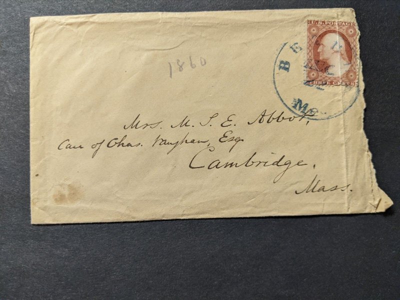 1860 BETHEL, MAINE to CAMBRIDGE, MASS #25 or #26 Postal History Cover 