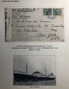 1941 Amsterdam Netherlands Censored Cover To Dutch Merchant Marine New York USA