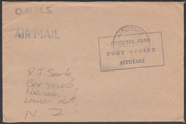 AITUTAKI 1974 OHMS Official Paid cover to New Zealand.......................M945