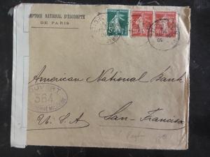 1915 Paris France Censored Cover To American National Bank USA Perfin Stamp