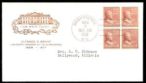 #823 FDC - Ulysses S Grant Prexie - Farnam Cachet-Block of 4