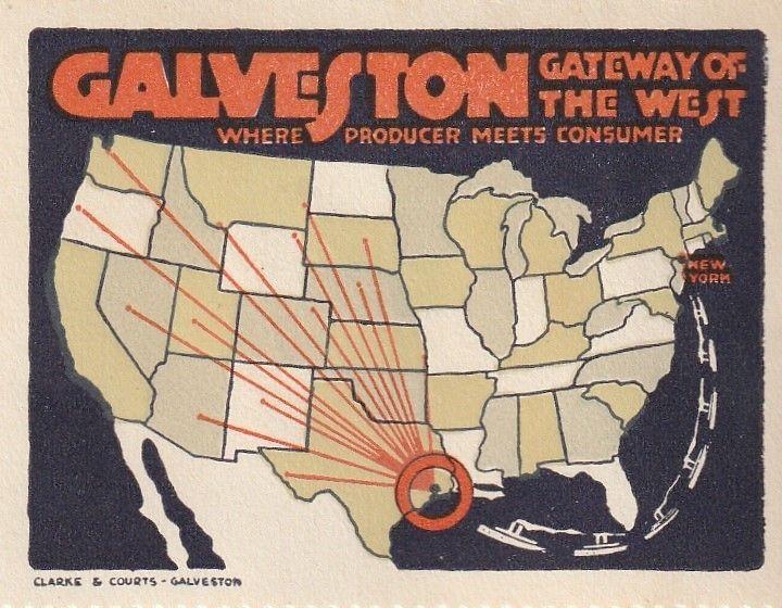 Great Galveston, Texas USA poster Stamp. C1930's. Pub Clarke & Courts. 65x48mm