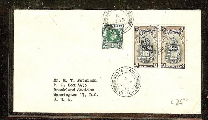 ANTIGUA (P2104B)  1951 UNIVERSITY 3X PR+LEEWARDS, KGVI 1D FROM GRAYS FARM TO US