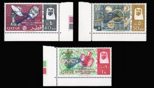 Qatar #96-98 Cat$150, 1966 Satellite, overprinted in blue, sheet margin set o...