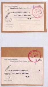 GB *GPO STORES* London OHMS PARCEL POST LABELS{2} MATCHED PAIR Pieces 1938 BL233