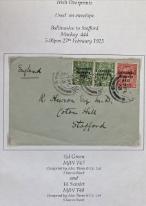 1923 Ballinasloe Ireland overprinted stamps Cover To Stafford England