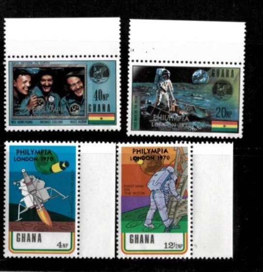 Ghana 1970 - Moon Landing, Philympia OVPT - Set of 4 Stamps - Scott #394-7 - MNH