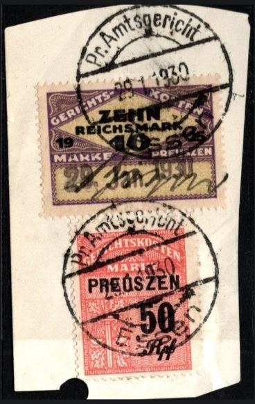 1930 Germany Prussia Revenue 50 Pfennig, 10 Marks Court Fees w/Official Cancel