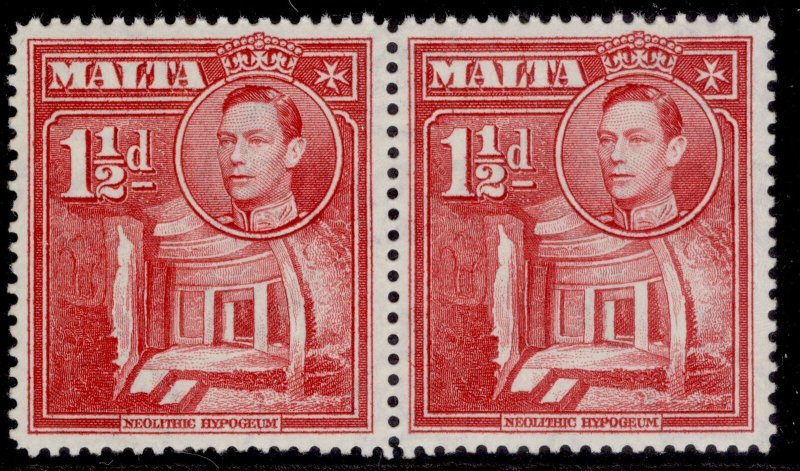 MALTA GVI SG220 + 220a, 1943 1½d BROKEN CROSS FLAW in PAIR, NH MINT. Cat £400+