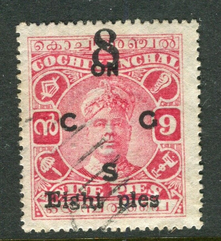 INDIA; COCHIN 1923-24 early surcharged issue ' 8p. ' used value as SGO21