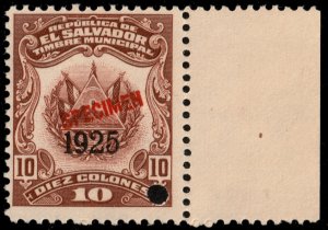 ✔️ EL SALVADOR 1925 (1920) COAT OF ARMS MUNICIPAL REVENUE 10 COLONES MNH [026]