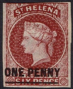 ST HELENA 1863 QV ONE PENNY ON 6D IMPERF TYPE A 17MM LONG NO GUM