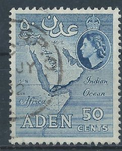 Aden 1953 - QE2 50c blue wmk Mult Script CA - used