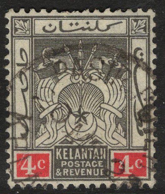 MALAYA KELANTAN SG17 1922 4c BLACK & RED USED